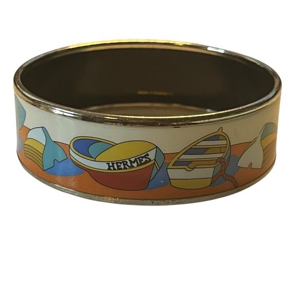 Hermès Thalassa Enamel Bangle Bracelet Silver Tone Wide White Blue Boat Design - Picture 3 of 12